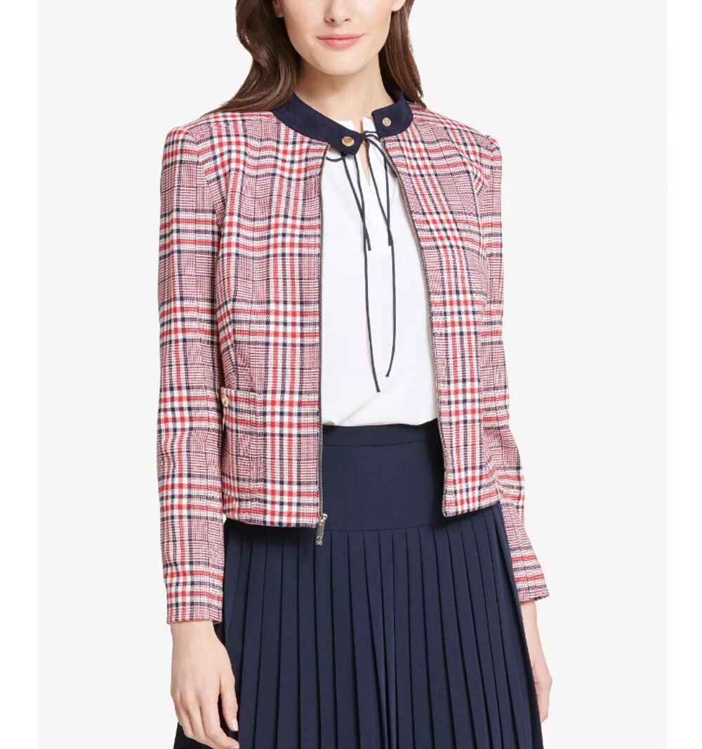TOMMY HILFIGER Women's RED BLUE WHITE HOUNDSTOOTH  Plaid Zip-Up Jacket Sz 4